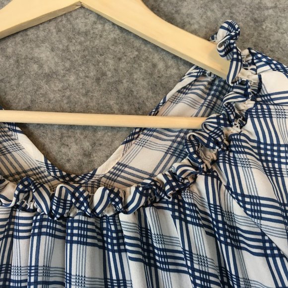 Ashley Stewart Top 22 24 3X Blouse Tie Front Plaid Blue Boho V Neck Ruffle Cuff - Picture 8 of 10